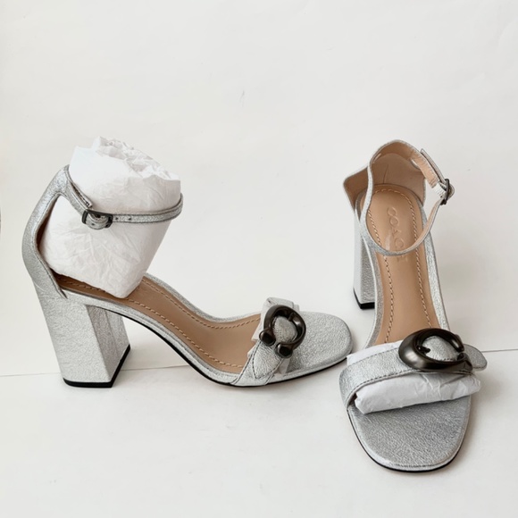 COACH Maya Signature C-Buckle Metallic Silver Leather Sandals Block Heel Pumps 6 - Picture 6 of 12